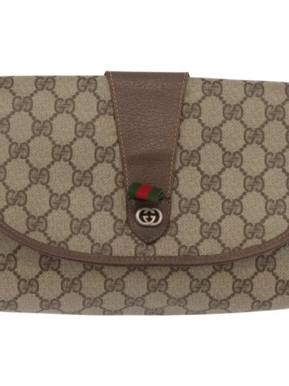 GUCCI GG Supreme Web Sherry Line Clutch Bag PVC Beige Gold Auth 174412
